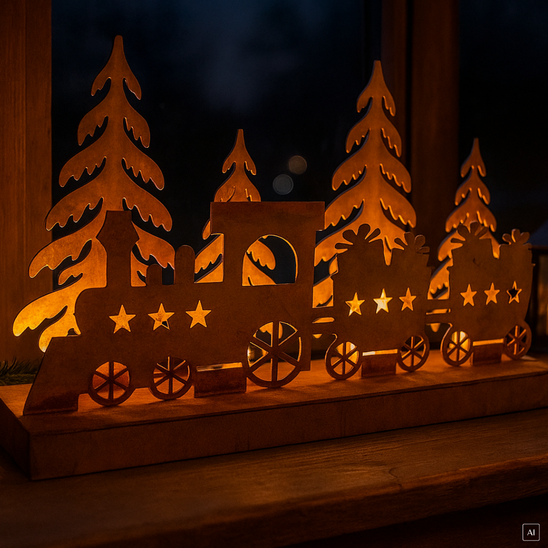 Nostalgische Weihnachtsstimmung mit der beleuchteten Dampflok (35 cm B)

Verzaubern Sie Ihr Zuhause mit dieser stimmungsvollen Dekofigur in Edelrost-Optik und schaffen Sie eine einzigartige Weihnachtsatmosphäre.

Eigenschaften:

Weihnachtliches Design: Die detaillierte Gestaltung der Dampflok mit integrierten LEDs sorgt für festliche Stimmung.
Hochwertiges Material: Die Dekofigur ist aus robustem Edelrost gefertigt und garantiert lange Freude an Ihrer Weihnachtsdekoration.
Batteriebetrieben: Die LEDs werden mit Batterien betrieben, so dass Sie die Dekofigur flexibel platzieren können.
Perfekte Geschenkidee: Die beleuchtete Dampflok im Edelrost-Look ist ein tolles Geschenk für Eisenbahnfans, Weihnachtsliebhaber und alle, die Wert auf stimmungsvolle Dekoration legen.
Maße: Breite 35 cm
Keywords: Dekofigur, Dampflok, Weihnachten, LEDs, batteriebetrieben, Edelrost, nostalgisch, stimmungsvoll, festlich, hochwertig, Geschenkidee, Eisenbahn, Dekoration