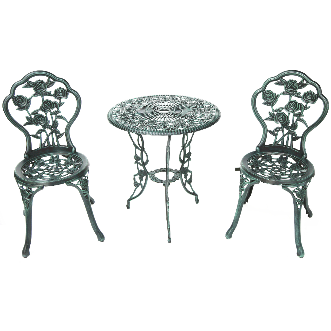 abc HOME Gartenmöbel Set 3-teilig 60cm Aluminiumguss | Balkonmöbel Sitzgruppe Jugendstil mit Rosen-Motiv für Balkon & Garten wetterfest Weiß Grün abc HOME Gartenmöbel Set 3-teilig 60cm Aluminiumguss | Balkonmöbel Sitzgruppe Jugendstil mit Rosen-Motiv für Balkon & Garten wetterfest Weiß Grün, Farbe: Grün