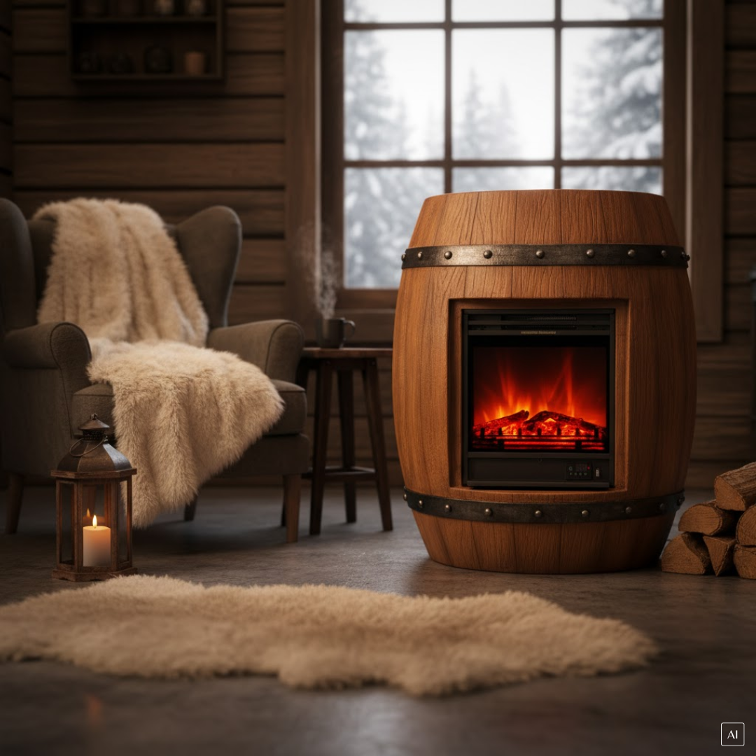 Außergewöhnlicher Elektrokamin im Fass-Design mit Heizfunktion | Rustikaler Charme und gemütliche Wärme