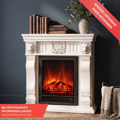 abc HOME – Elektrokamin mit Heizfunktion – Kaminumrandung mit Löwenkopf – Polystone & Metall – Antik-Weiß – 96 cm