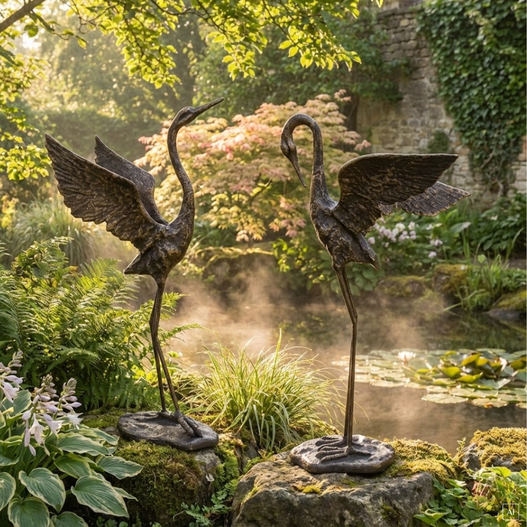 abc HOME – Gartenfigur Kranich – 2er Set Reiher Skulptur – Eisenguss – Bronze – 66 cm