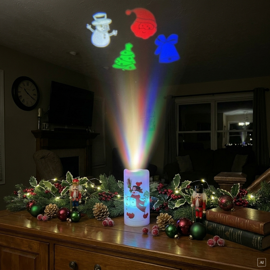 abc HOME – LED Projektionskerze – Weihnachtskerze mit Motiv-Projektor – Kunststoff – 15 cm
