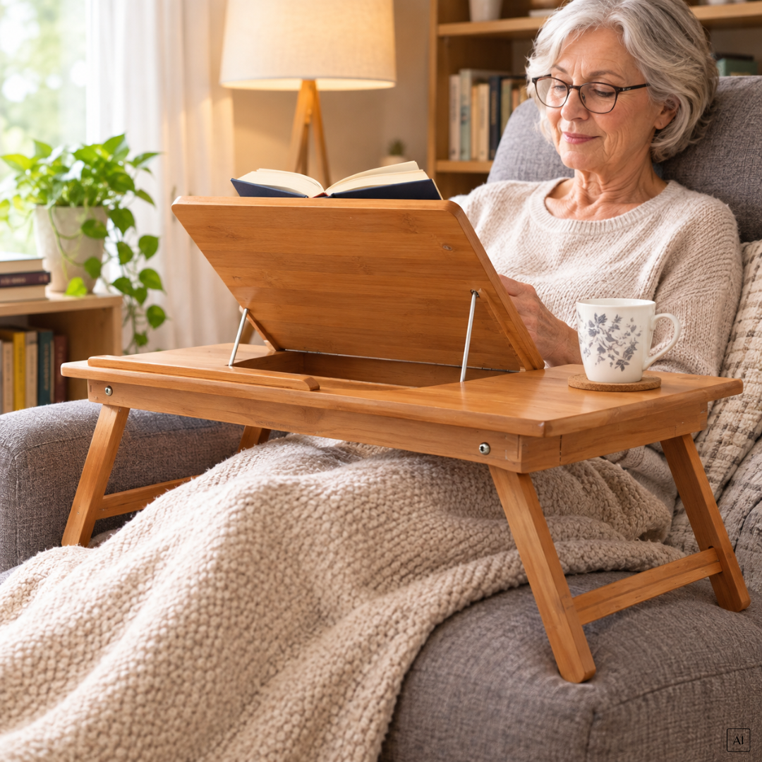 abc HOME – Serviertablett Zedernholz – Betttablett mit Leseklappe – Mit Schublade