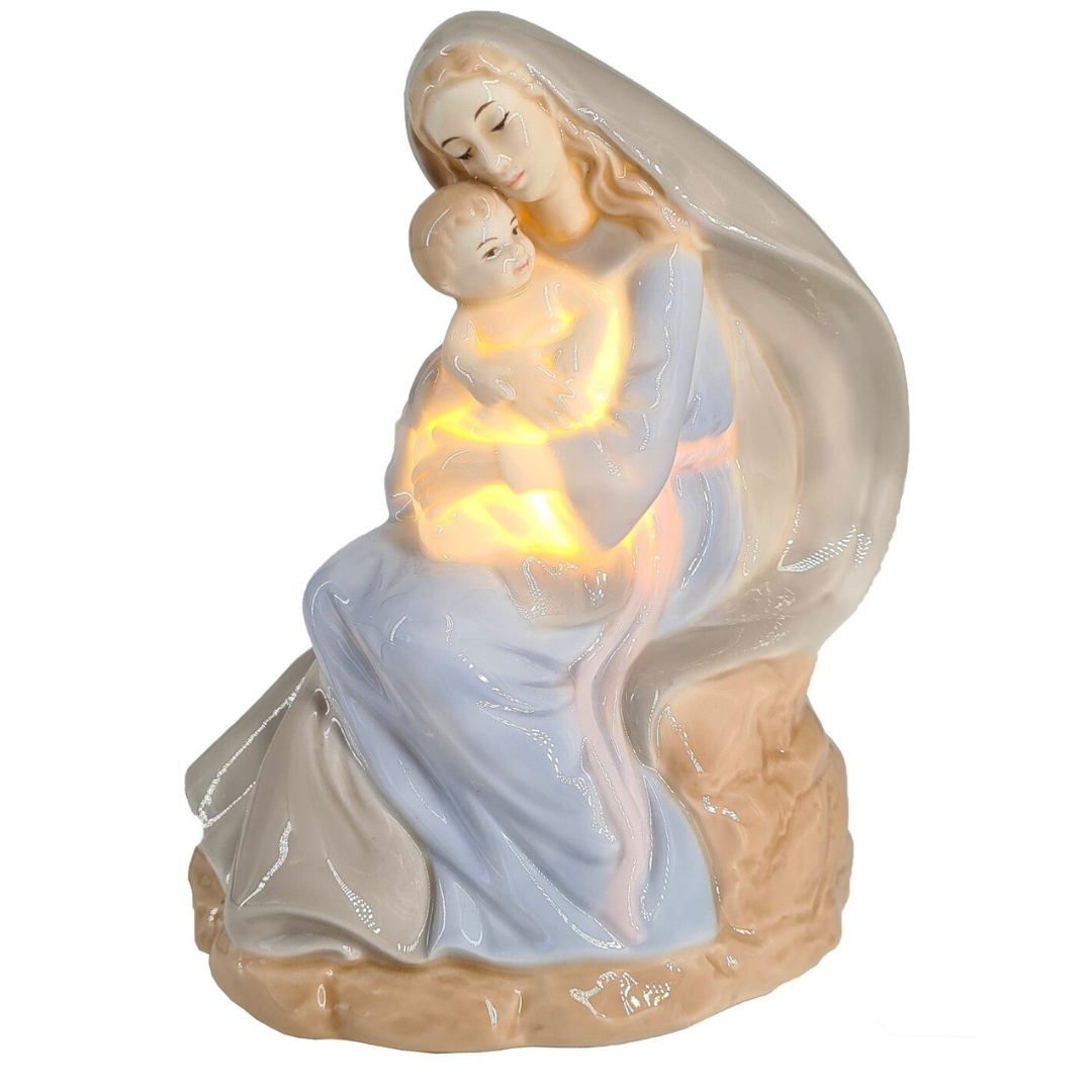 abc HOME – Skulpturenlampe Maria mit Kind – Porzellan Tischleuchte – Pastell – 12x15 cm