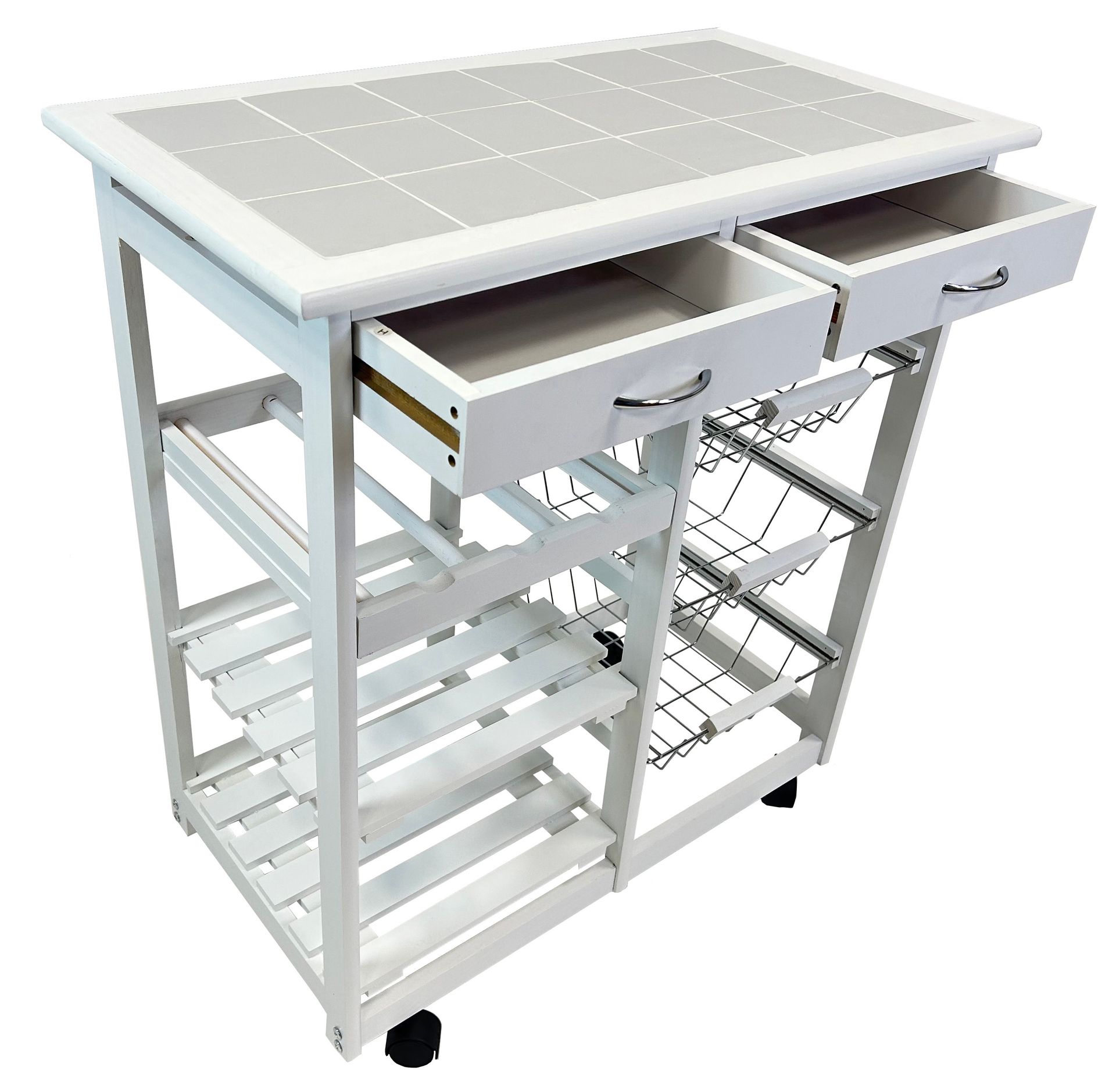 abc HOME – Küchenwagen – Servierwagen mit 3 Schubkörben – Kiefernholz – Weiß – 76 cm