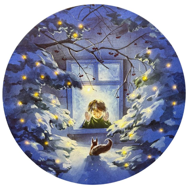 abc HOME – LED Wandbild Junge am Fenster – Winter-Leinwandbild rund – 30 cm Ø