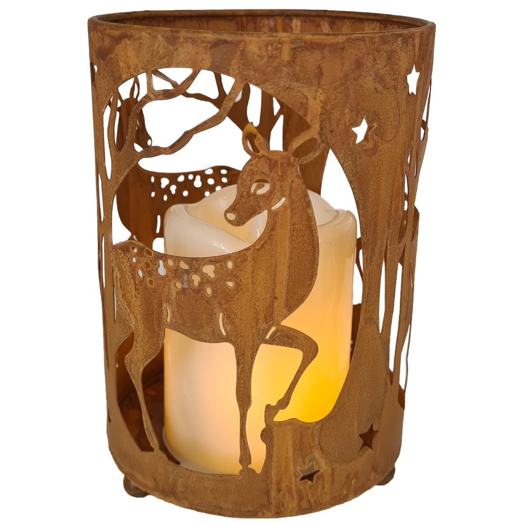 abc HOME – Windlicht Reh – LED-Deko in Edelrost-Optik – Metall – 15 cm