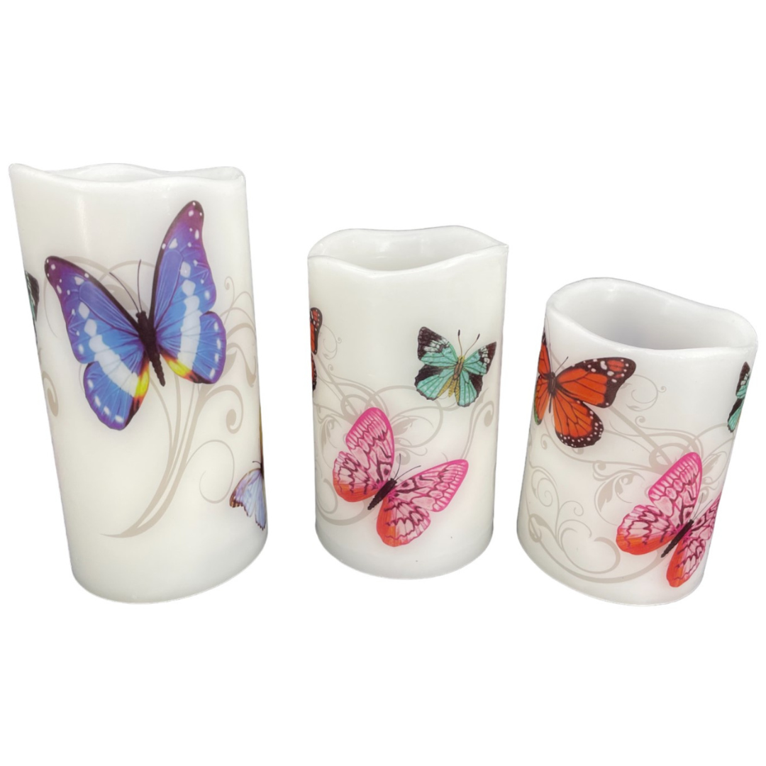abc HOME – LED Echtwachskerze – Stumpenkerze Schmetterling im 3er Set – Echtwachs – 15 cm