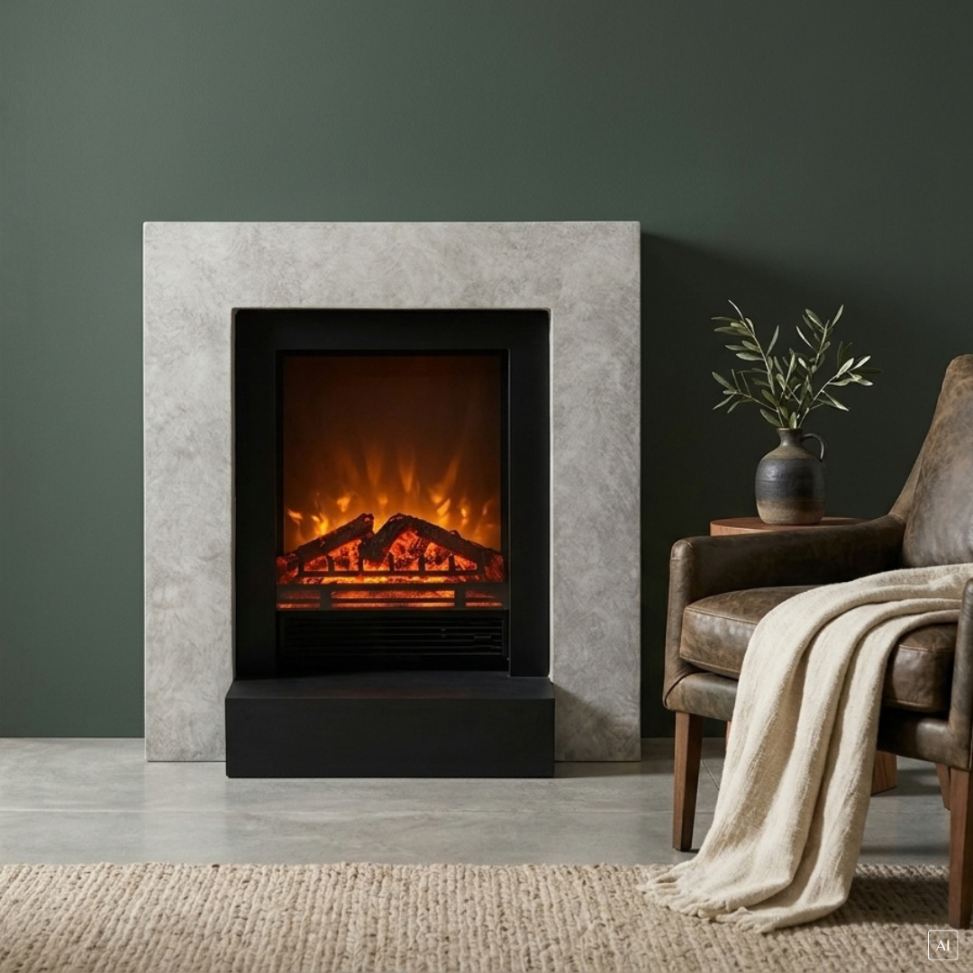 abc HOME – Elektrokamin mit Heizfunktion – Kaminumrandung modern – Polystone & Metall – 96 cm