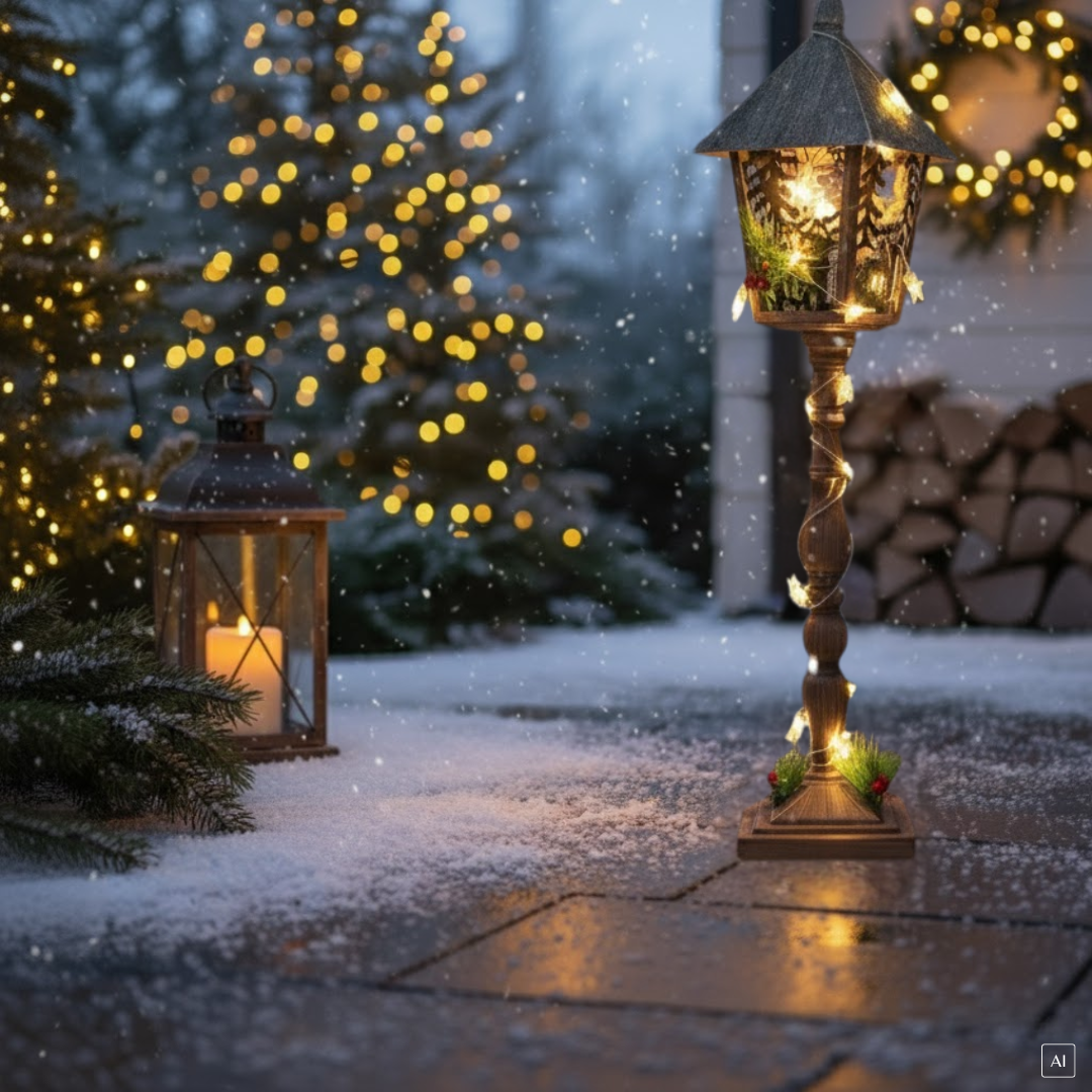 Laterne Weihnachten | LEDs | Holzoptik | Batteriebetrieben | 76 cm H