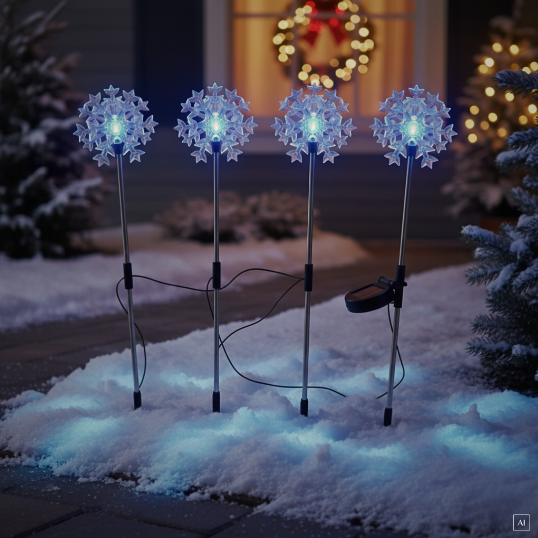 abc HOME – Solar Gartenstecker – Schneeflocke im 4er Set – LED – Blau – 69 cm