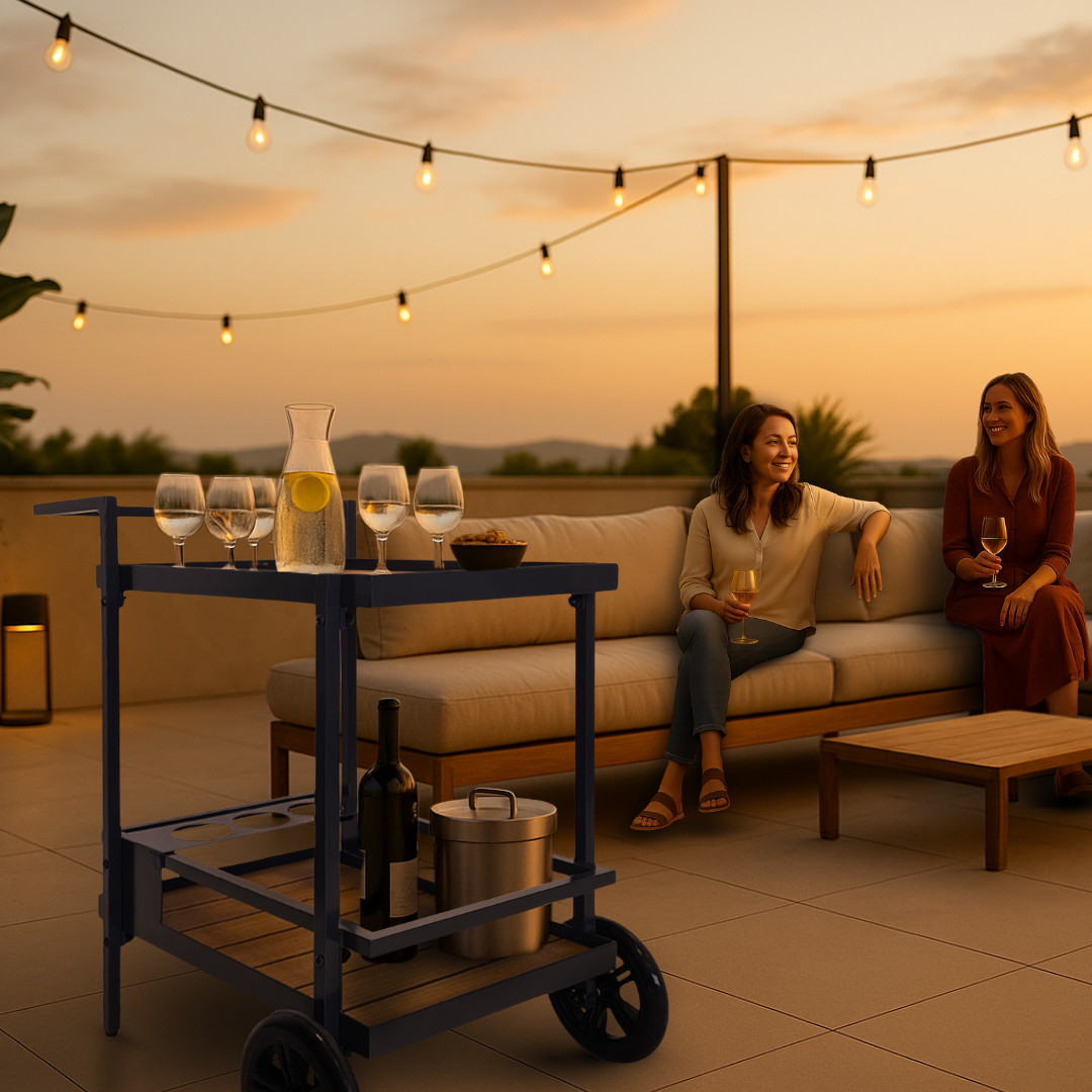 Outdoor Servierwagen | zwei Ablageflächen | Flaschenhalterungen | 80 cm H