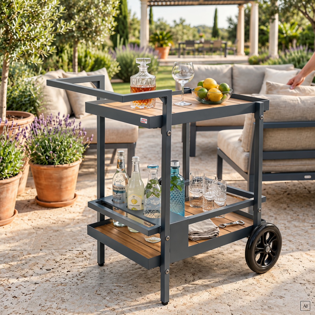 abc HOME – Outdoor Servierwagen – Beistellwagen mit 2 Ablagen – Aluminium – Anthrazit