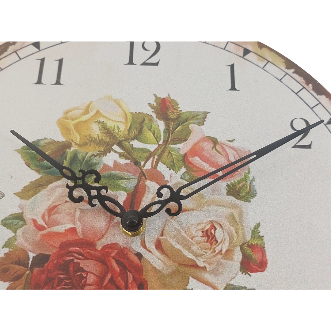 abc HOME – Wanduhr – Dekorative Uhr mit Rosen-Motiv – MDF & Kunststoff – 30 cm