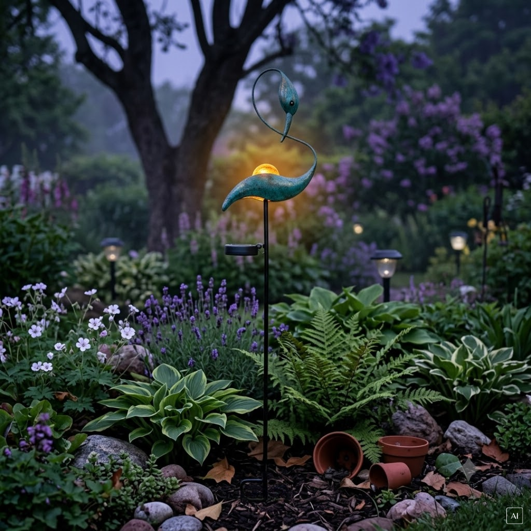 abc HOME – Solar Gartenstecker – Kranich-Design mit Glaskugel – Grün/Gold – 128 cm