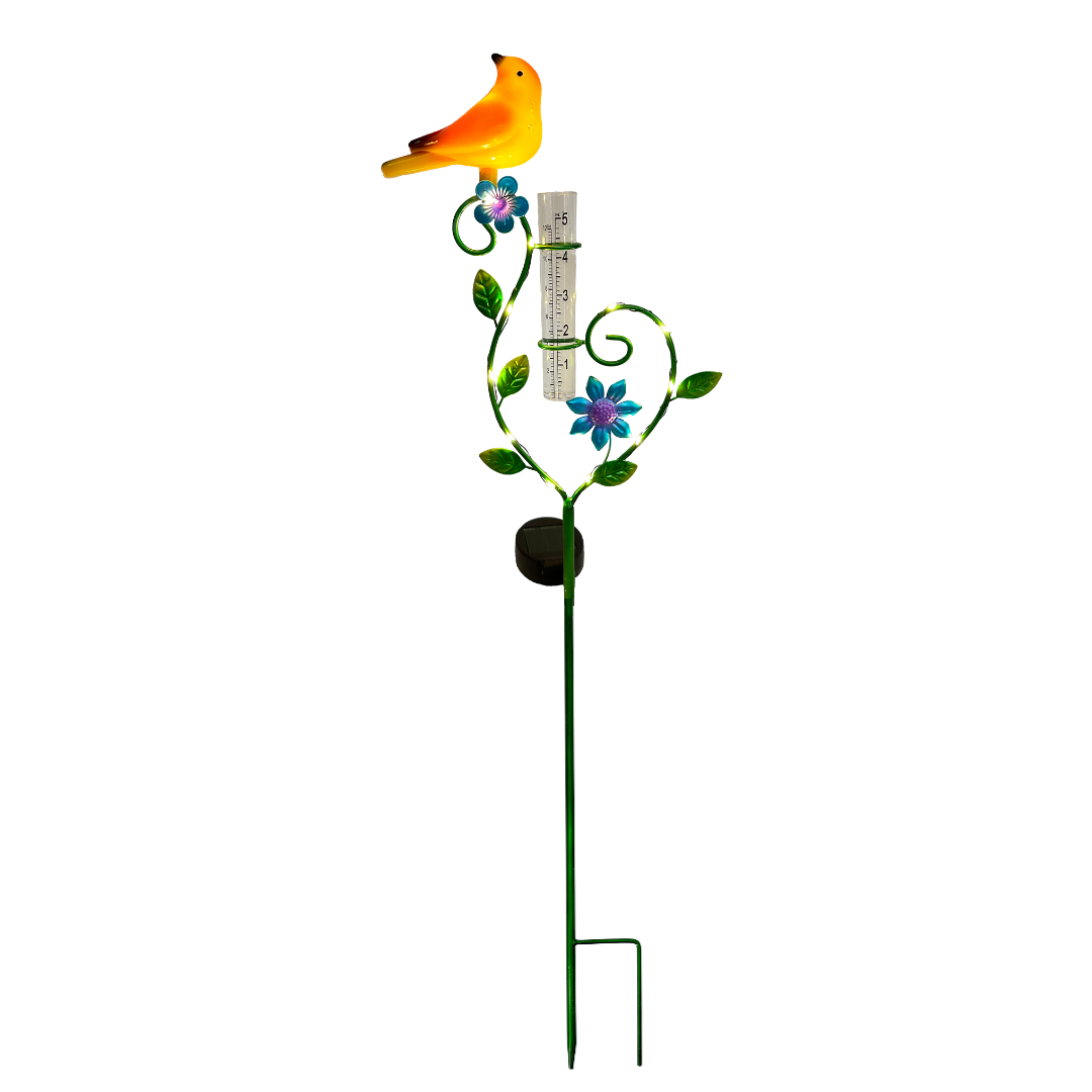 abc HOME – Solar Gartenstecker mit Regenmesser – Vogel-Design –  12 LEDs – 80 cm