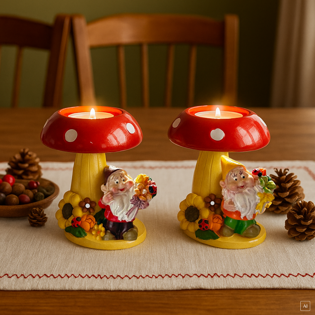 abc HOME – Teelichthalter Set – Wichtel mit Fliegenpilz – 2-teilig – 9 cm