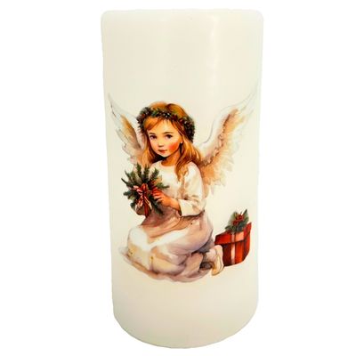 abc HOME – LED Echtwachskerze – Stumpenkerze mit Engel-Motiv – Echtwachs – 15 cm