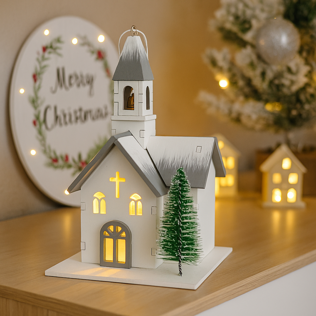 Dekofigur Kirche | Holz | LEDs | Batteriebetrieben