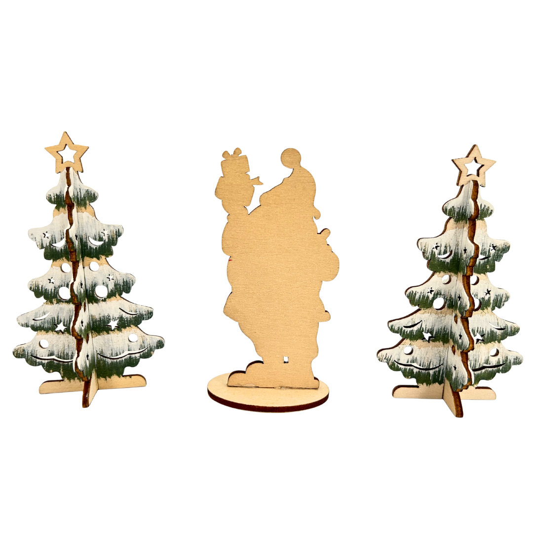 abc HOME – Weihnachtsdeko Set – Weihnachtsmann & Tannenbäume – Sperrholz – 10 cm