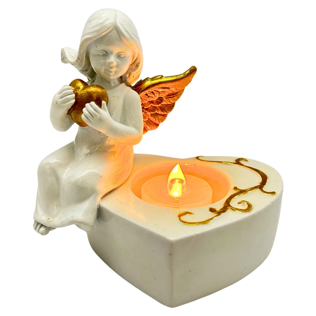 abc HOME – Teelichthalter Engel – Dekorative Figur mit LED-Kerze – Polyresin – 13 cm