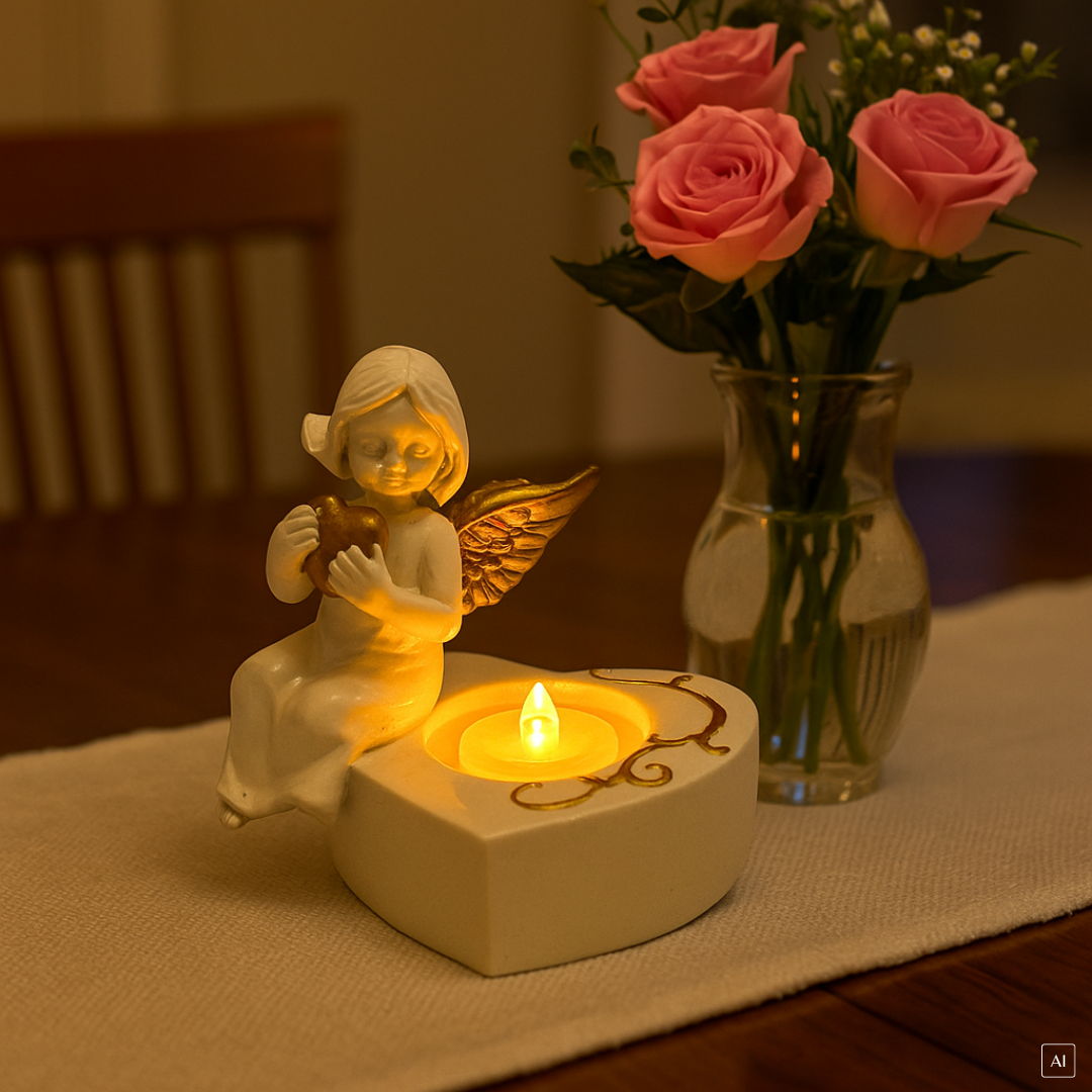 abc HOME – Teelichthalter Engel – Dekorative Figur mit LED-Kerze – Polyresin – 13 cm