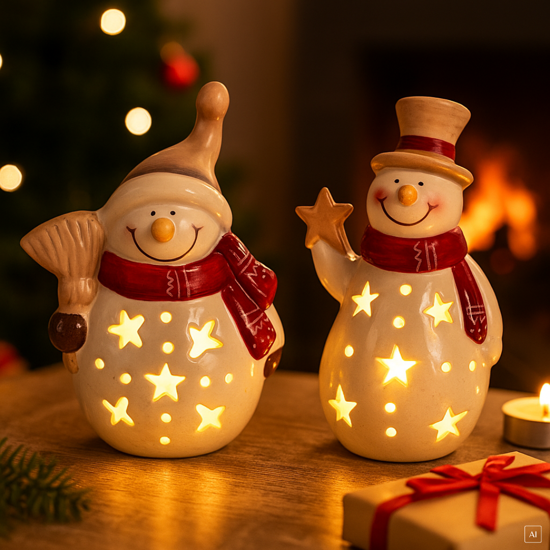 abc HOME – LED Schneemänner – Dekofiguren für Weihnachten – Keramik – 12 cm