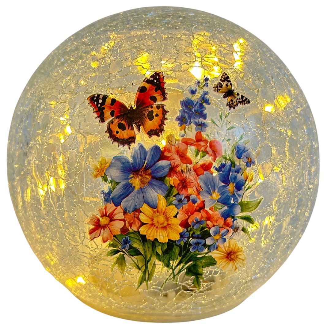 Glaskugel mit Beleuchtung | Blumen & Schmetterling
