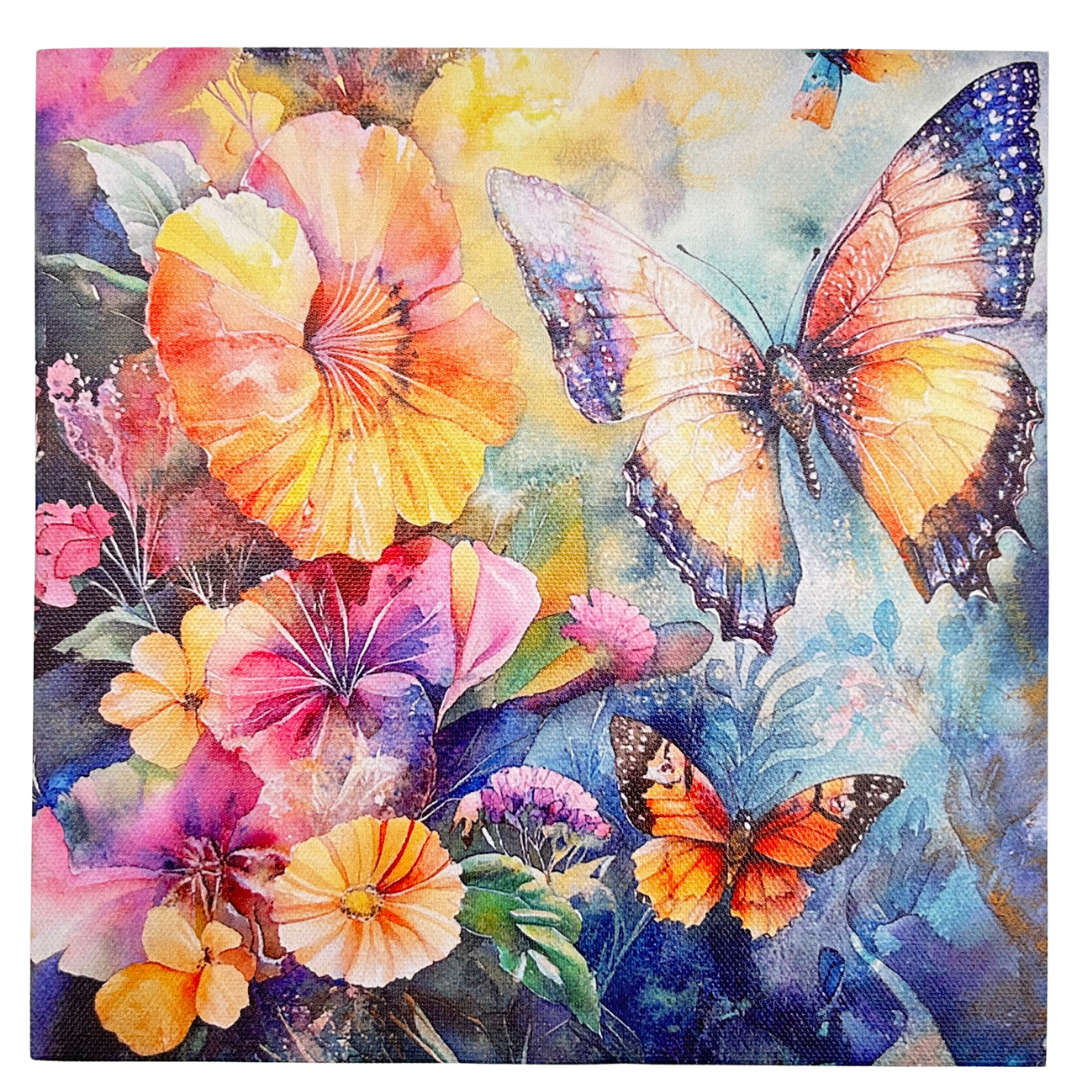 abc HOME – Wandbild Set Schmetterling – 4-tlg. Blumen-Design – Holz & Leinen – 20x20 cm
