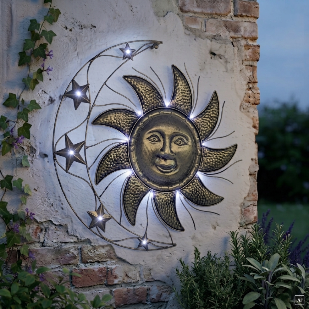 abc HOME – Solar Wanddeko Sonne & Mond – Leuchtend mit LEDs – Metall – 52 cm