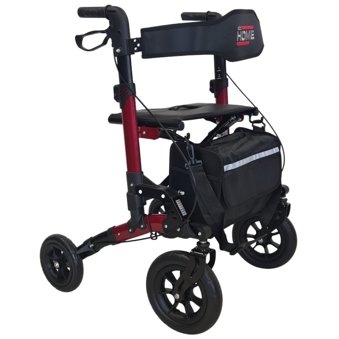 abc HOME – Outdoor Rollator – Aluminium Geländerollator faltbar – Schwarz / Rot – bis 135 kg