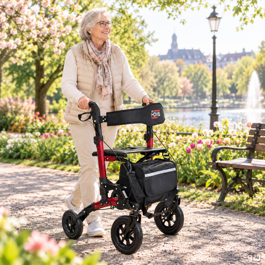abc HOME – Outdoor Rollator – Aluminium Geländerollator faltbar – Schwarz / Rot – bis 135 kg