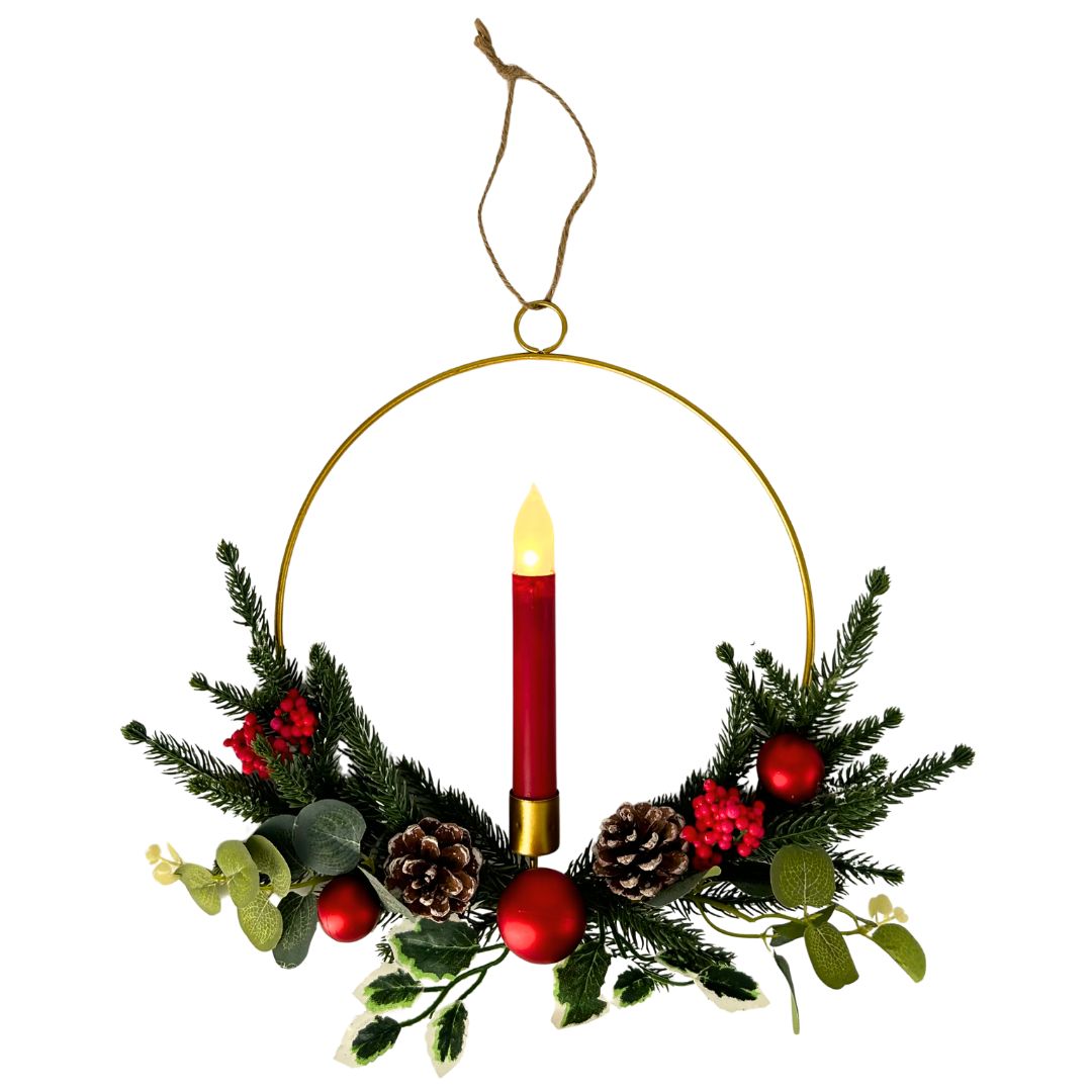 abc HOME – Weihnachtskranz mit LED-Kerze – 25 cm | Beleuchtet Batteriebetrieben Warmweiß