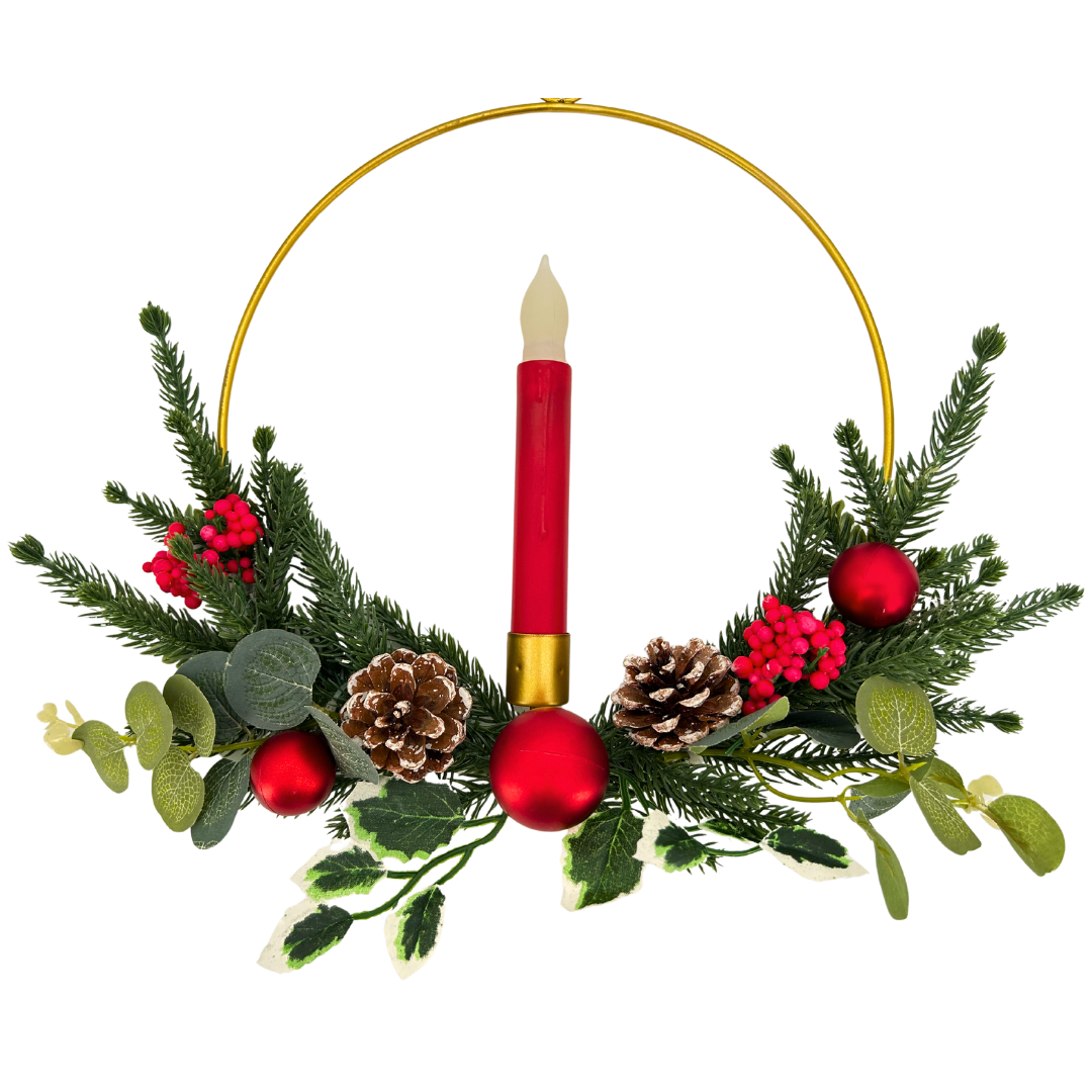 abc HOME – Weihnachtskranz mit LED-Kerze – 25 cm | Beleuchtet Batteriebetrieben Warmweiß