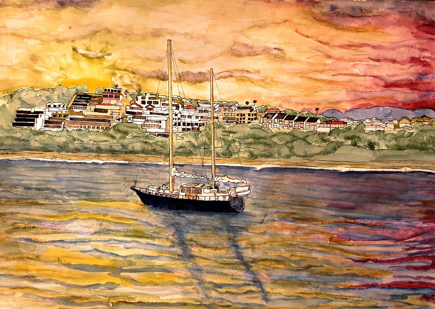 &quot; Yacht in Coffs Harbour at sunset&quot;  High Quality Art Print