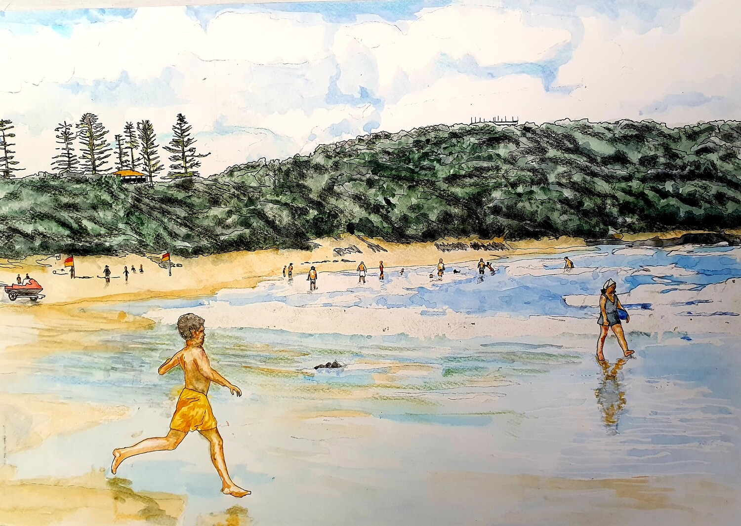 &quot;Child running into surf Sawtell Beach&quot; High Quality Art Print