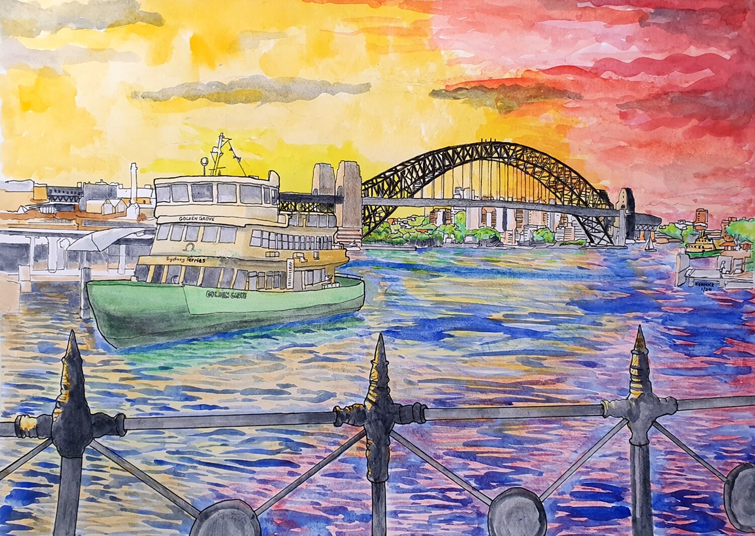 &quot; Sydney Ferry berthing at Circular Quay at sunset&quot;-High Quality Art Print