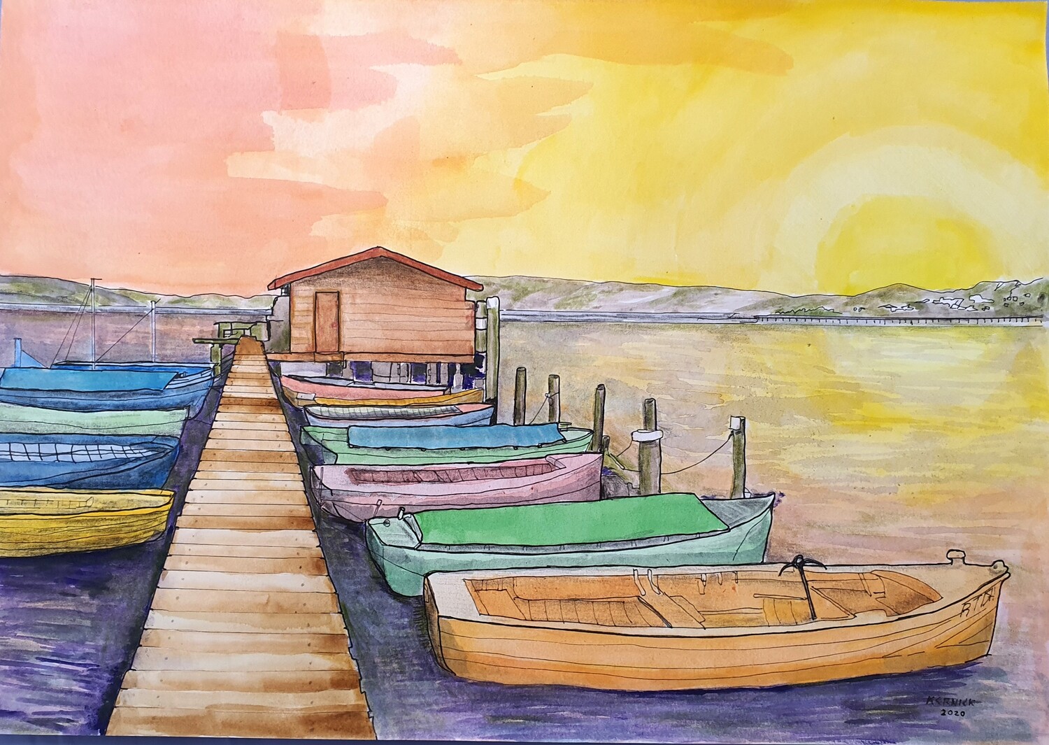 "Coloured dinghies at sunset at Shearers Wharf, Korong," -High Quality Art Print
