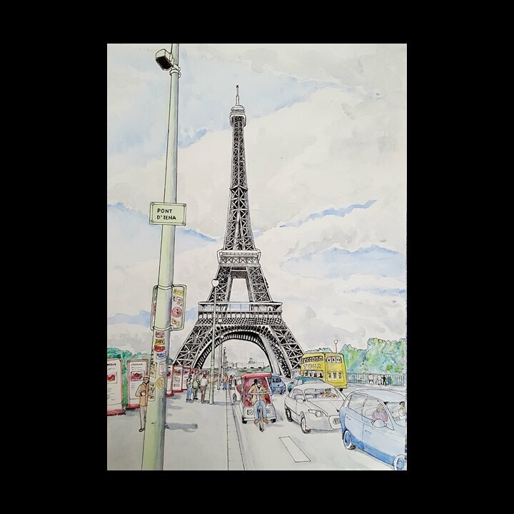 "Busy Tourists at the Eiffel Tower, Paris, France"  -High Quality Art Print
