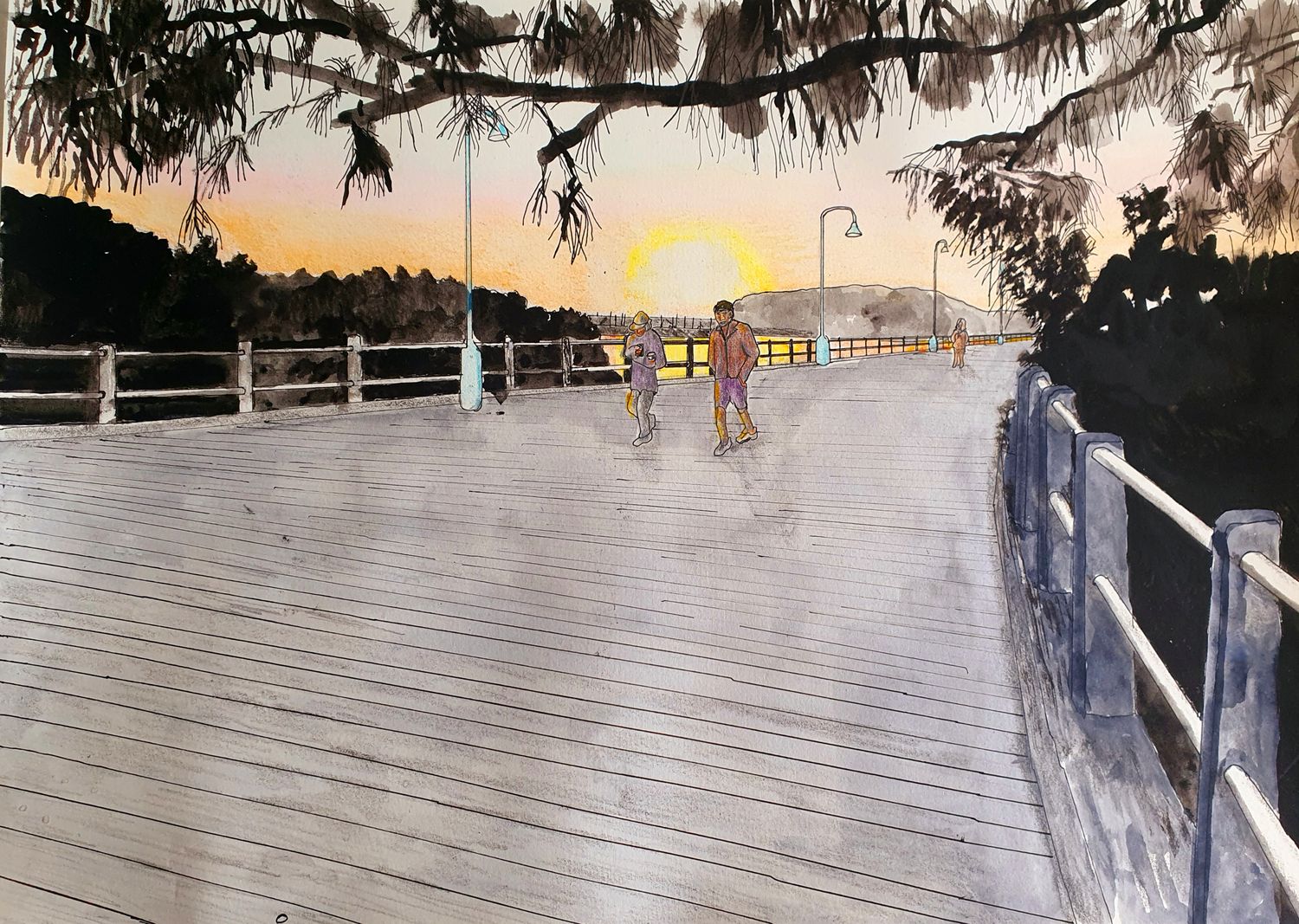 High Quality Print of &quot;Walkers at Dawn at start of Jetty in Coffs Harbour&quot;