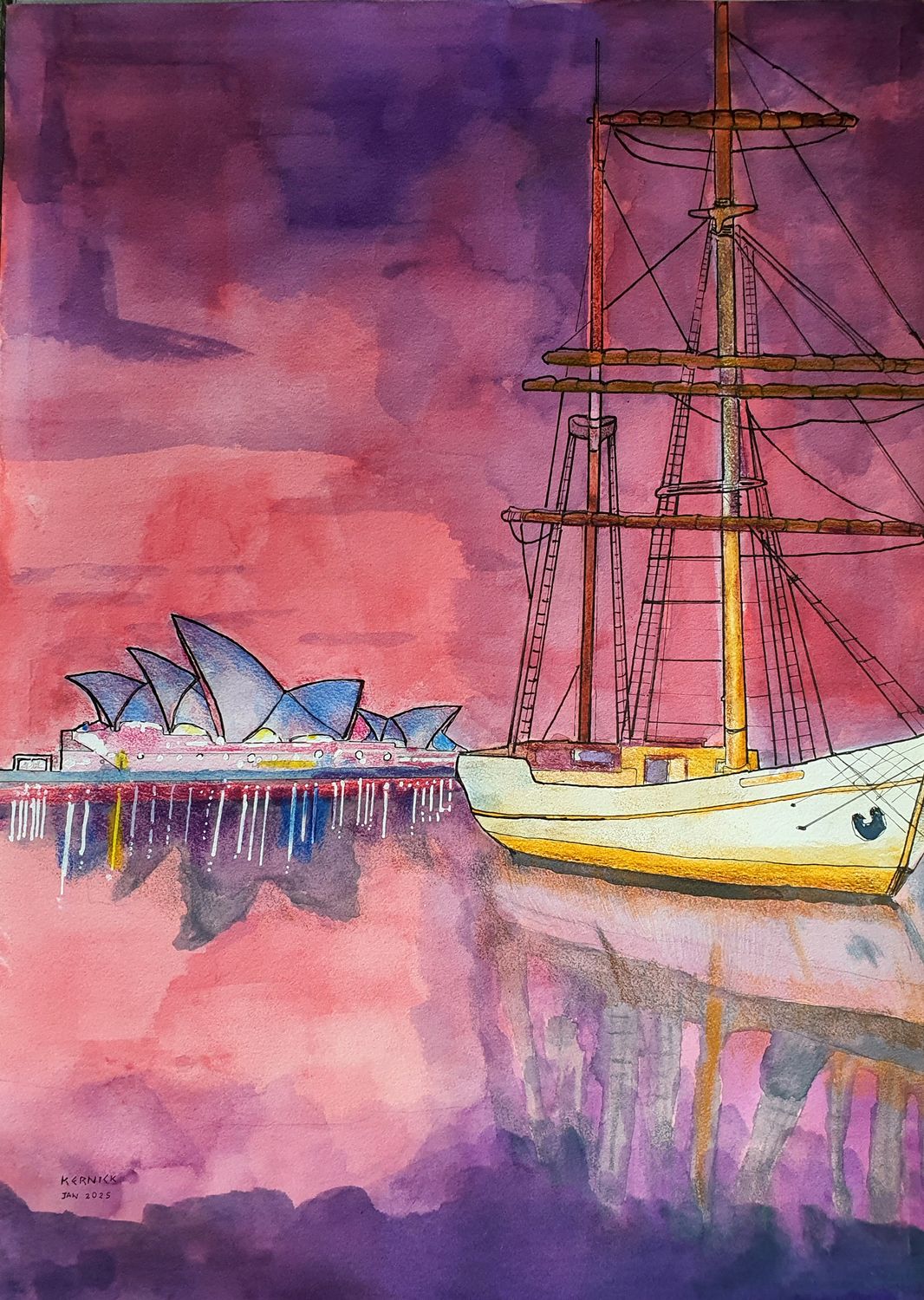 High Quality Print of &quot;Sailboat at mooring near Sydney Opera House at Dusk&quot;