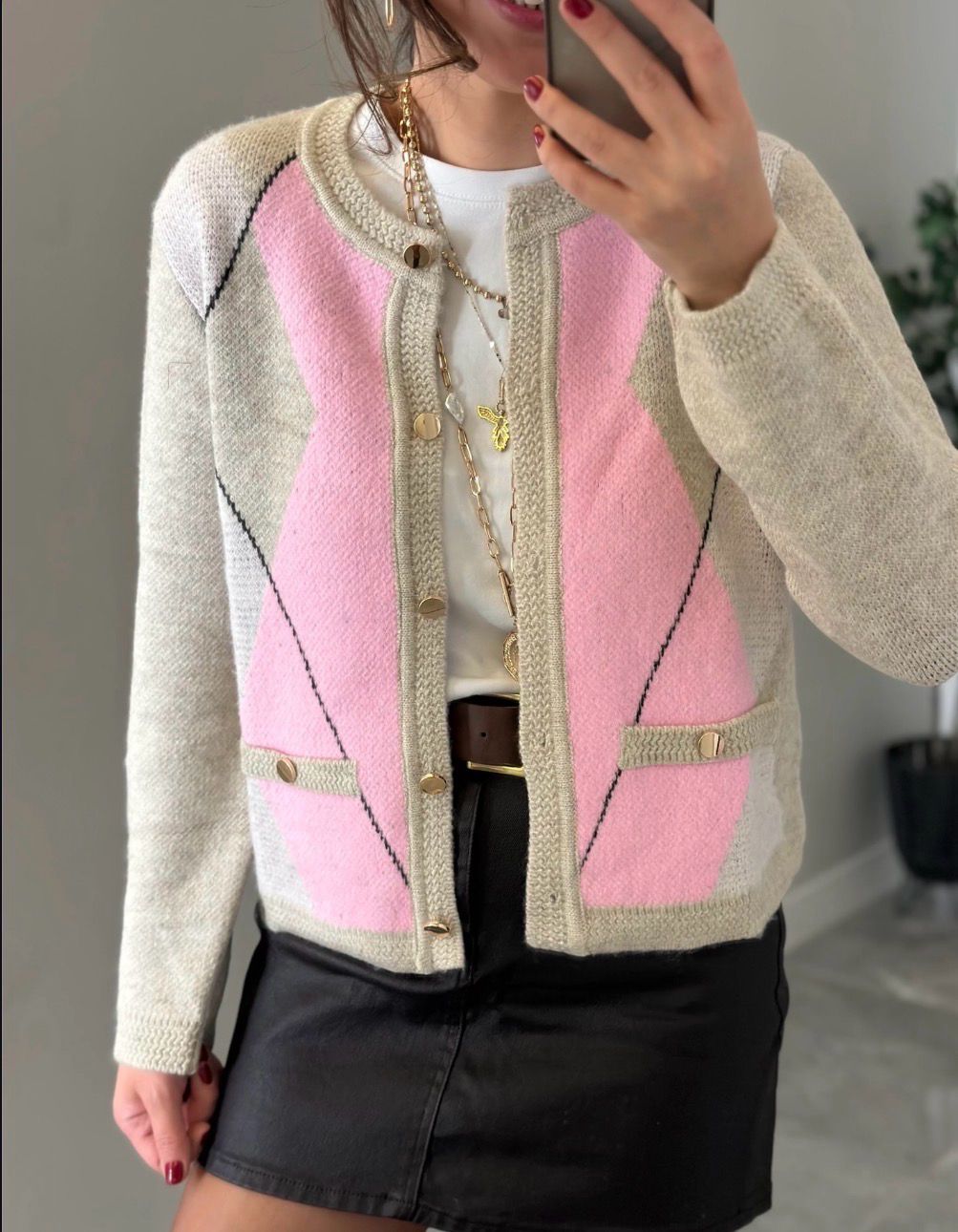 Pink-beige knit cardigan with gold buttons