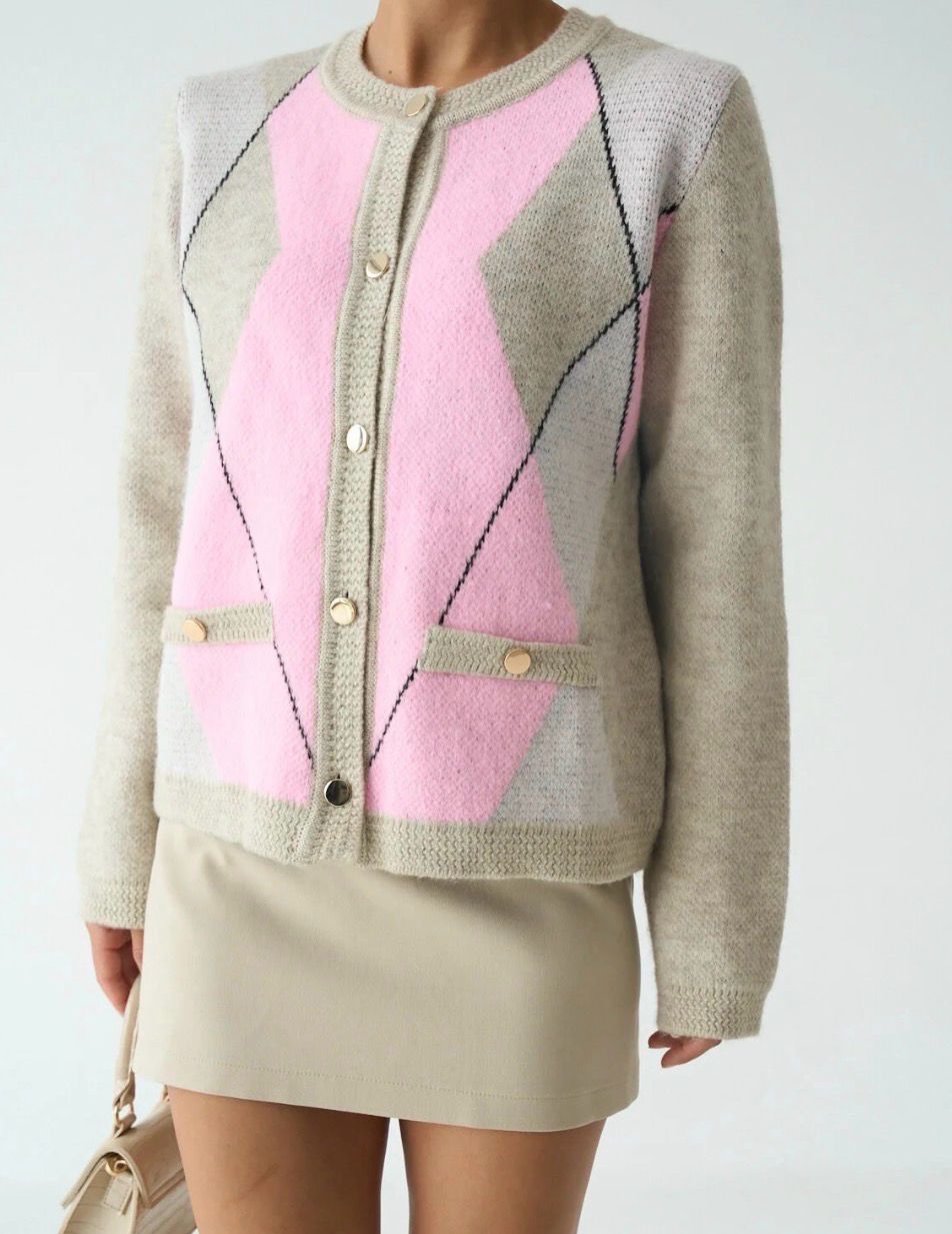 Pink-beige knit cardigan with gold buttons