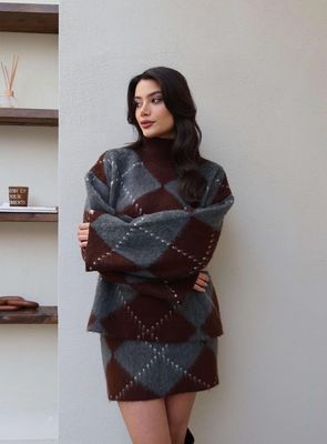 High-neck diamond-pattern Skirt Set