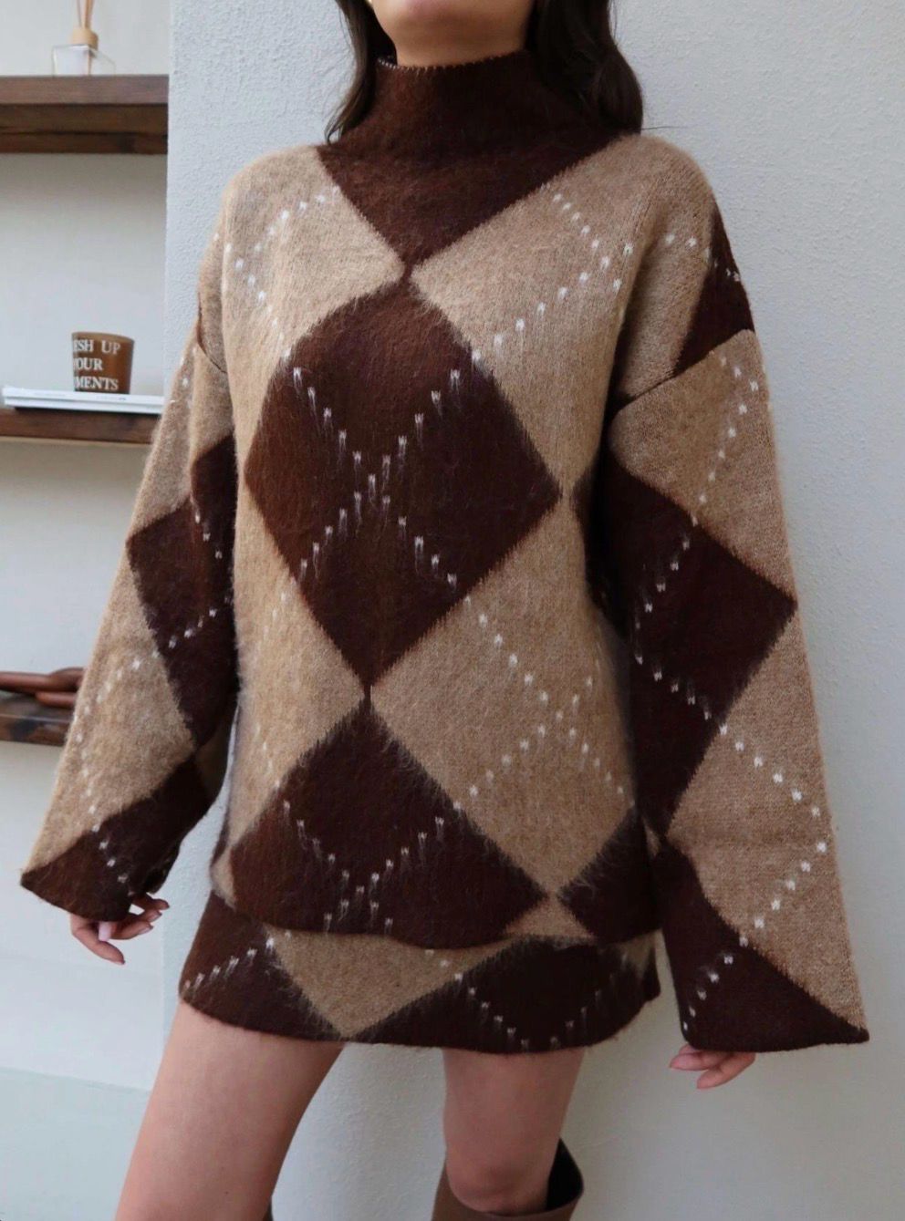 High-neck diamond-pattern Skirt Set