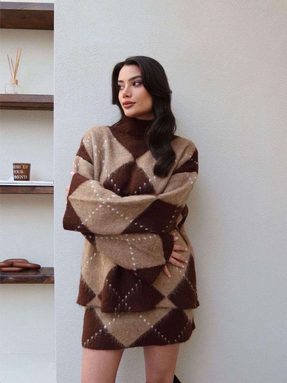 High-neck diamond-pattern Skirt Set