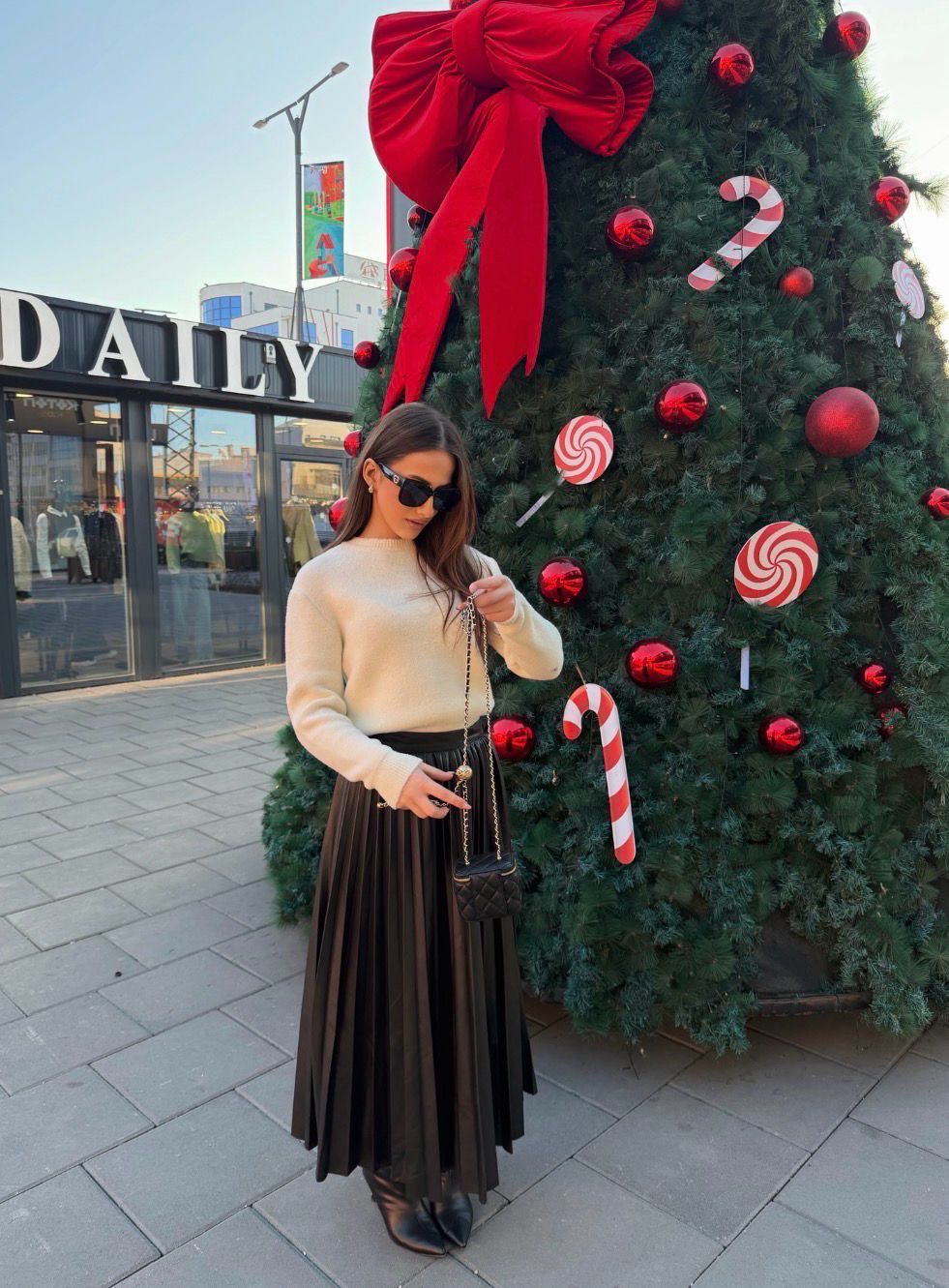 Pleated Leather Midi Skirt