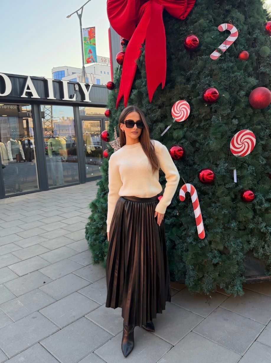 Pleated Leather Midi Skirt