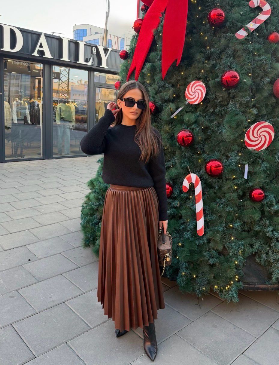 Pleated Leather Midi Skirt