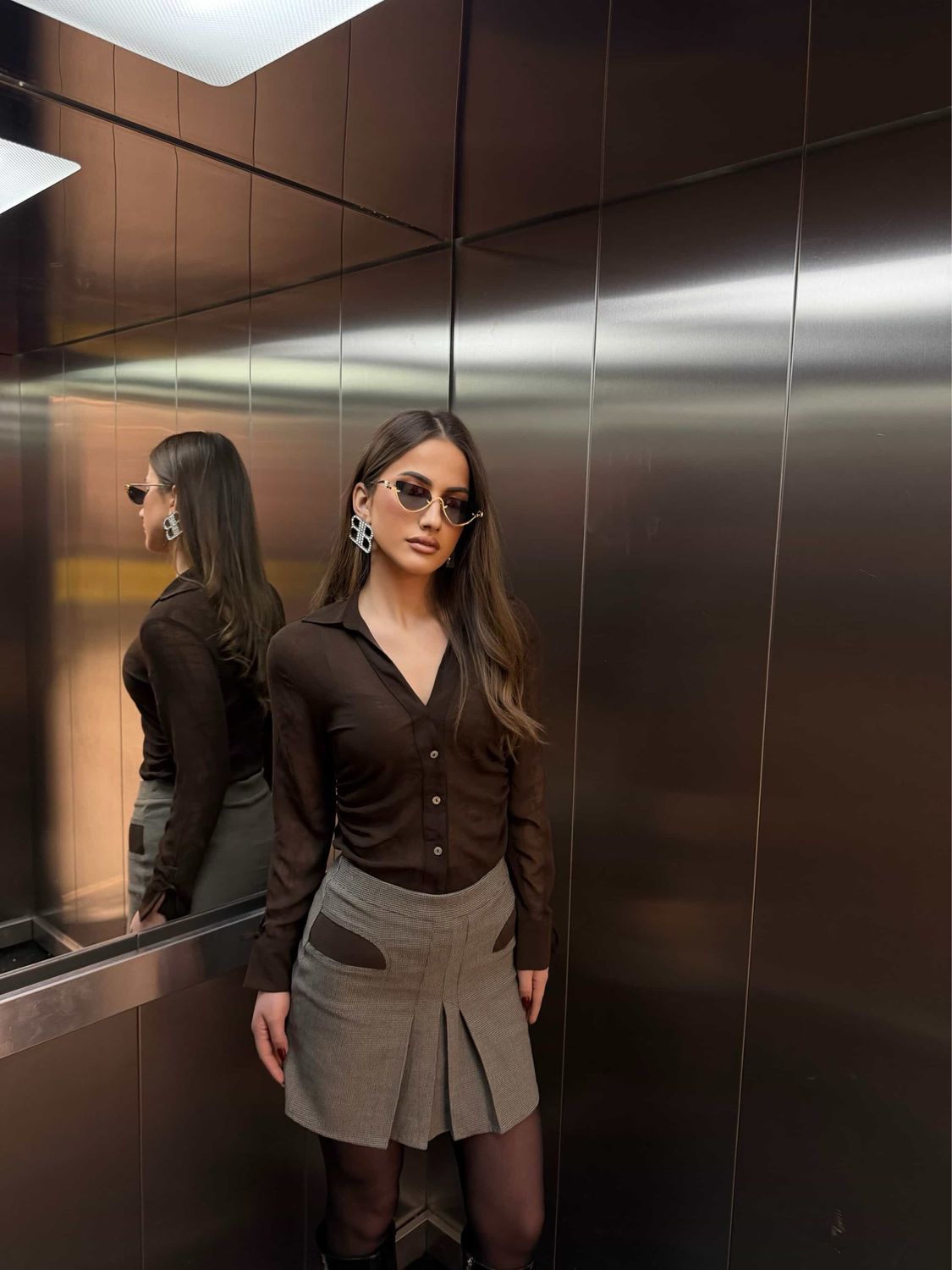 Checkerd Brown Detailed Mini-skirt